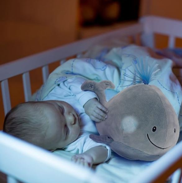 Baby taking a nap with the whale. 