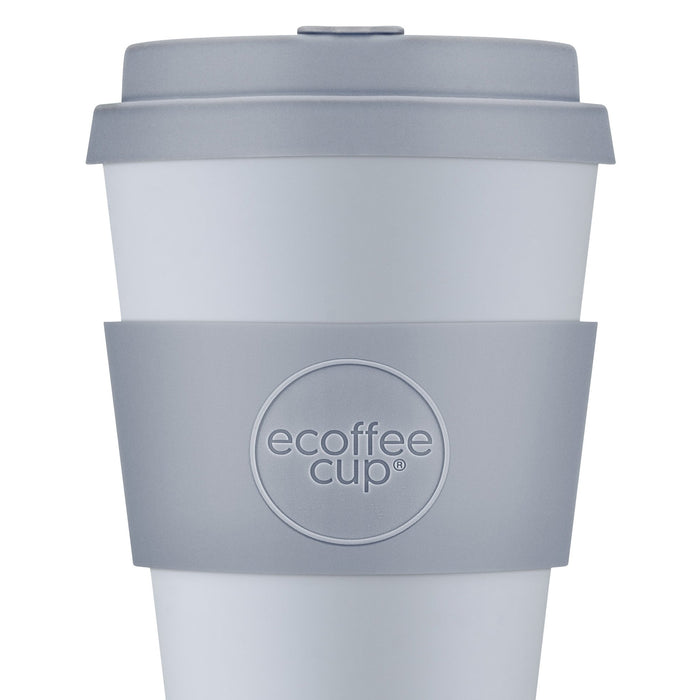 Silver coloured reusable cup. with grey lid and band.