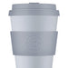Silver coloured reusable cup. with grey lid and band.