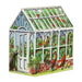 A green house shaped storage tin. The lid showcases leafy plants, colourful fruits, vegetables, and a black dog guarding the entrance. Adorned with a wheelbarrow and two hens with their chicks.