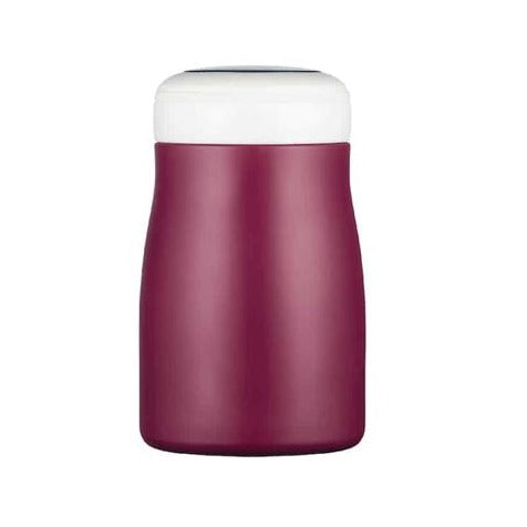 Mauve coloured stainless steel flask with a off white and silver lid.
