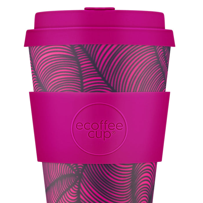 Reusable cup. Magenta lid and band. with magenta and black abstract. 