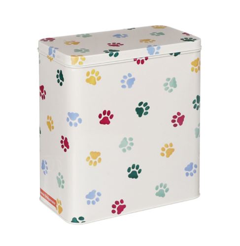 An off white tin with pastel coloured paw prints repeated all over the tin