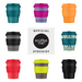 A selection of 8 brightly decorated reusable coffee cups. four are patterned and the other four are plain. All cups have a Silicone lid with matching Silicone cup sleeve with Ecoffee Cup logo embossed in the silicone sleeve.