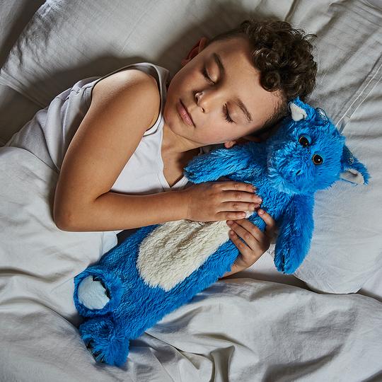 Young boy sleeping with warmies blue dragon hot water bottle