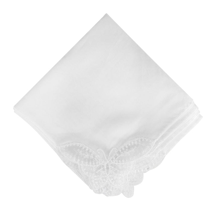 white handkerchief with embroidered lace butterfly in bottom left corner