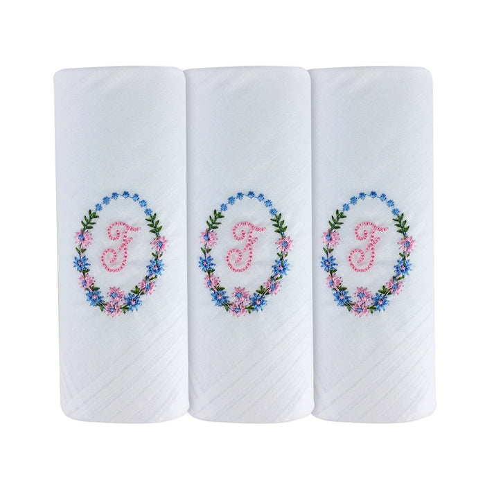 Three pack of white handkerchiefs displaying an embroidered letter F in pink with a floral boarder around the letter.