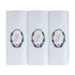 Three pack of white handkerchiefs displaying an embroidered letter J in pink with a floral boarder around the letter.
