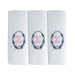 Three pack of white handkerchiefs displaying an embroidered letter K in pink with a floral boarder around the letter.