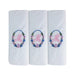 Three pack of white handkerchiefs displaying an embroidered letter M in pink with a floral boarder around the letter.