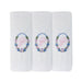 Three pack of white handkerchiefs displaying an embroidered letter P in pink with a floral boarder around the letter.