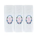 Three pack of white handkerchiefs displaying an embroidered letter R in pink with a floral boarder around the letter.