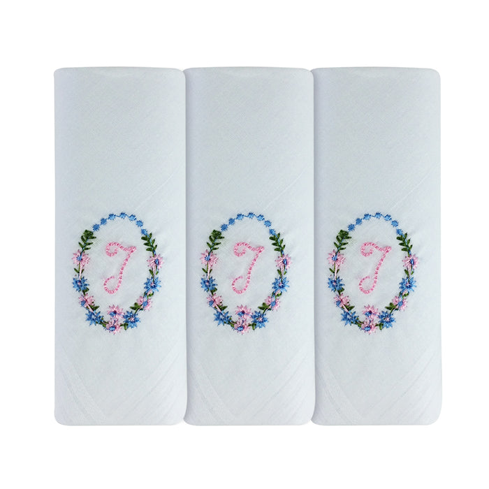 Three pack of white handkerchiefs displaying an embroidered letter T in pink with a floral boarder around the letter.