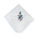 white handkerchief with satin stripe borders and violet wildflower embroidered in the centre