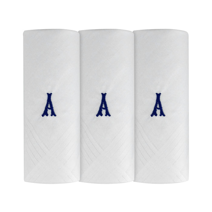 Three pack of white handkerchiefs displaying an embroidered letter A in the colour navy.