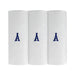Three pack of white handkerchiefs displaying an embroidered letter A in the colour navy.