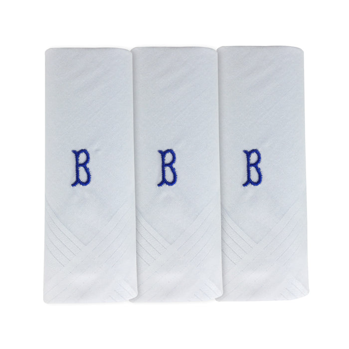 Three pack of white handkerchiefs displaying an embroidered letter B in the colour navy.