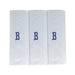 Three pack of white handkerchiefs displaying an embroidered letter B in the colour navy.
