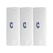 Three pack of white handkerchiefs displaying an embroidered letter C in the colour navy.