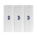 Three pack of white handkerchiefs displaying an embroidered letter D in the colour navy.