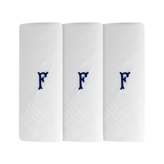 Three pack of white handkerchiefs displaying an embroidered letter F in the colour navy.