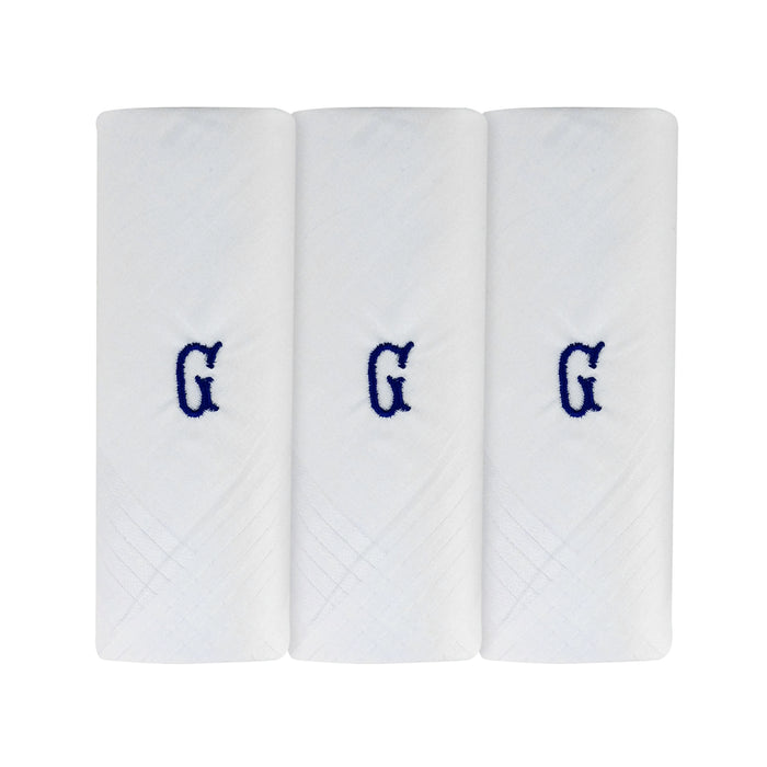 Three pack of white handkerchiefs displaying an embroidered letter G in the colour navy.