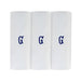 Three pack of white handkerchiefs displaying an embroidered letter G in the colour navy.