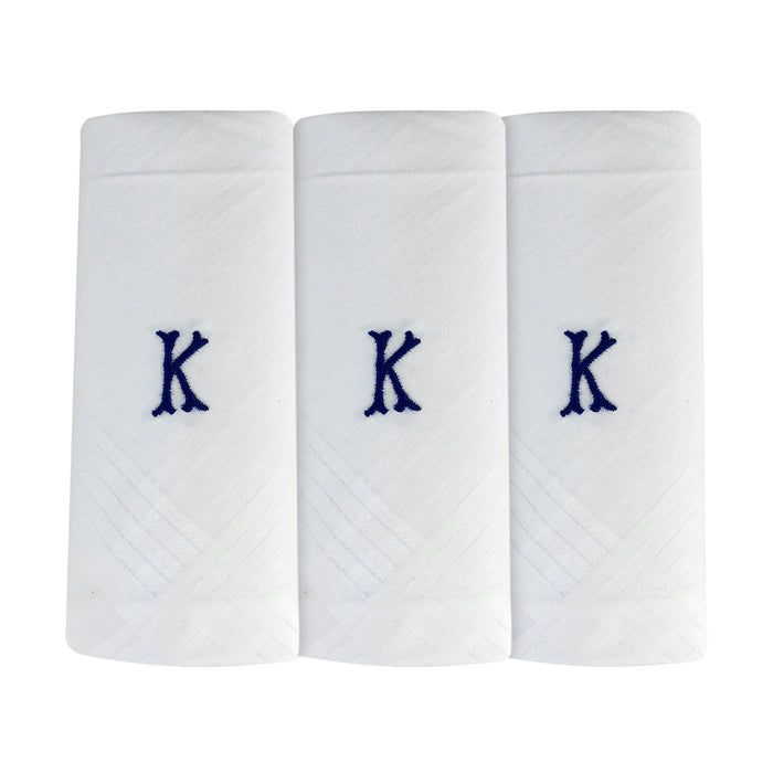 Three pack of white handkerchiefs displaying an embroidered letter K in the colour navy.