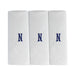 Three pack of white handkerchiefs displaying an embroidered letter N in the colour navy.