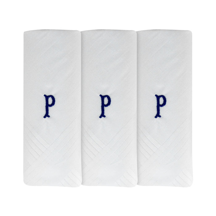Three pack of white handkerchiefs displaying an embroidered letter P in the colour navy.