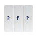 Three pack of white handkerchiefs displaying an embroidered letter P in the colour navy.