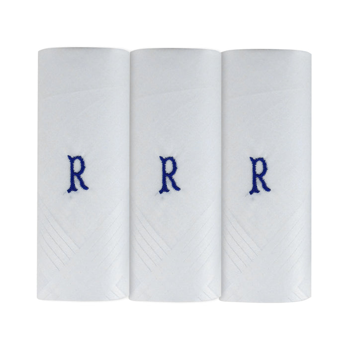 Three pack of white handkerchiefs displaying an embroidered letter R in the colour navy.