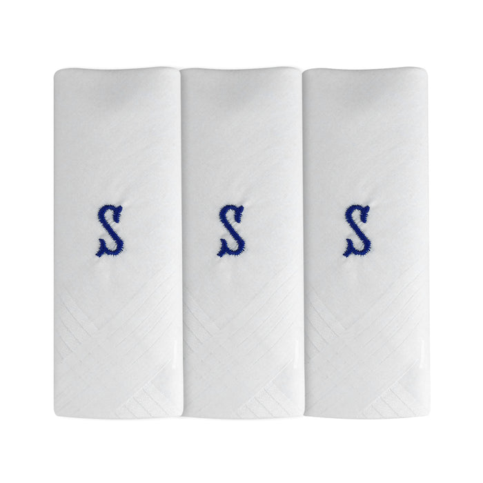 Three pack of white handkerchiefs displaying an embroidered letter S in the colour navy.