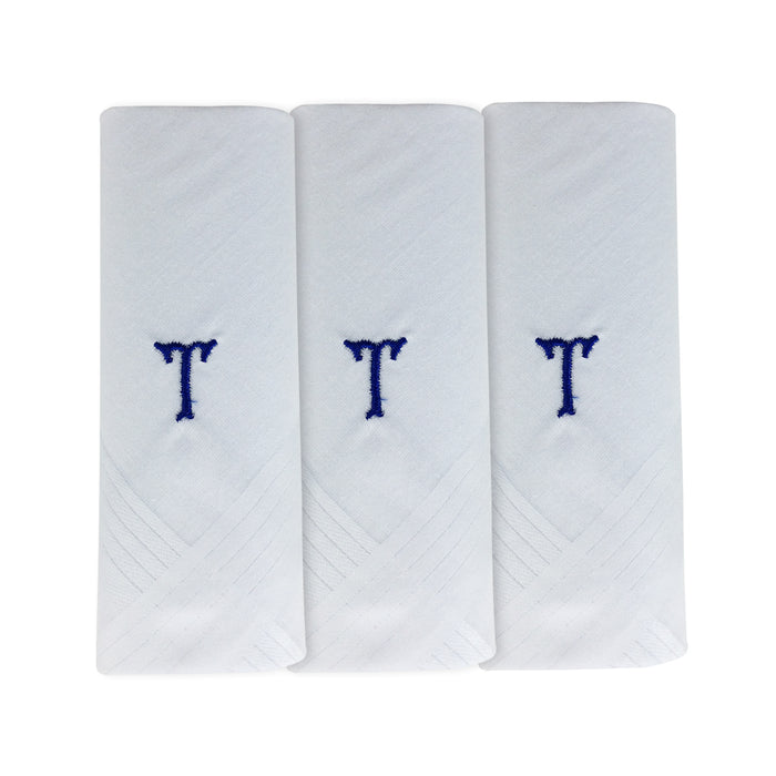 Three pack of white handkerchiefs displaying an embroidered letter T in the colour navy.