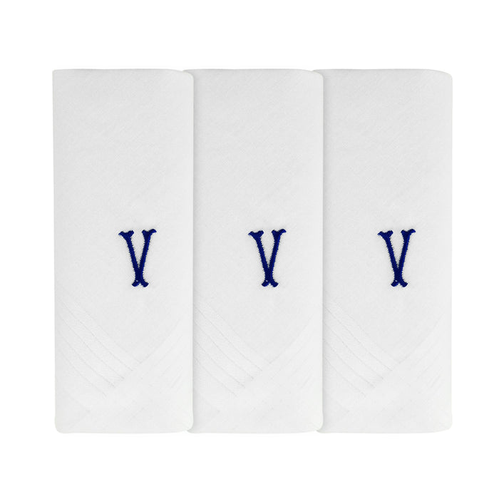 Three pack of white handkerchiefs displaying an embroidered letter V in the colour navy.