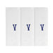 Three pack of white handkerchiefs displaying an embroidered letter V in the colour navy.