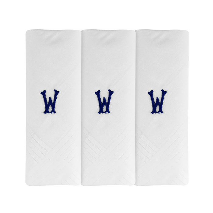 Three pack of white handkerchiefs displaying an embroidered letter W in the colour navy.