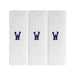 Three pack of white handkerchiefs displaying an embroidered letter W in the colour navy.
