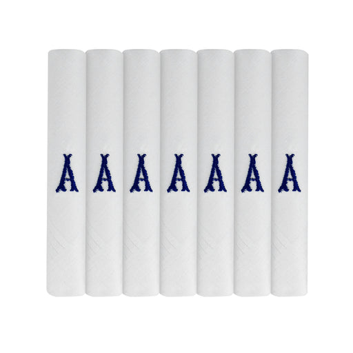Pack of 7 white handkerchiefs with an embroidered letter A in the colour navy in the centre.