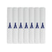Pack of 7 white handkerchiefs with an embroidered letter A in the colour navy in the centre.