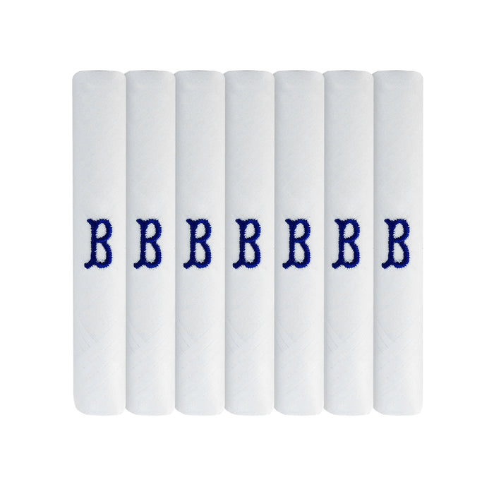 Pack of 7 white handkerchiefs with an embroidered letter B in the colour navy in the centre