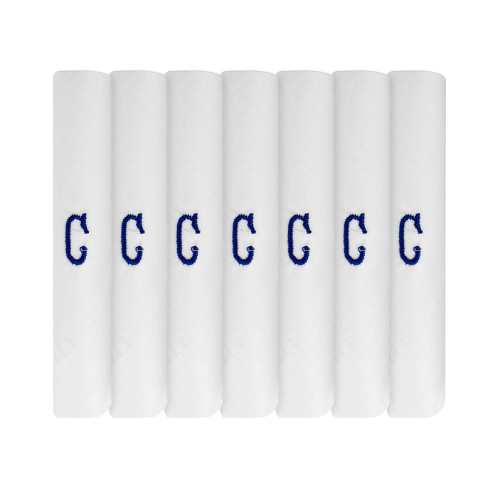 Pack of 7 white handkerchiefs with an embroidered letter C in the colour navy in the centre