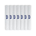 Pack of 7 white handkerchiefs with an embroidered letter D in the colour navy in the centre