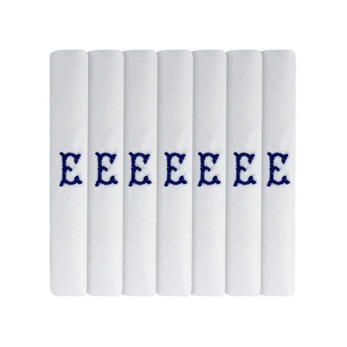 Pack of 7 white handkerchiefs with an embroidered letter E in the colour navy in the centre