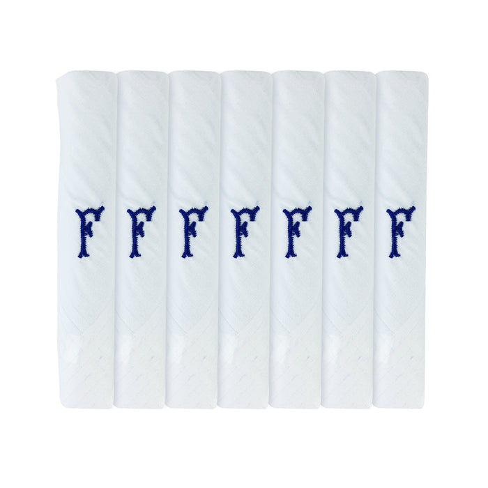 Pack of 7 white handkerchiefs with an embroidered letter F in the colour navy in the centre