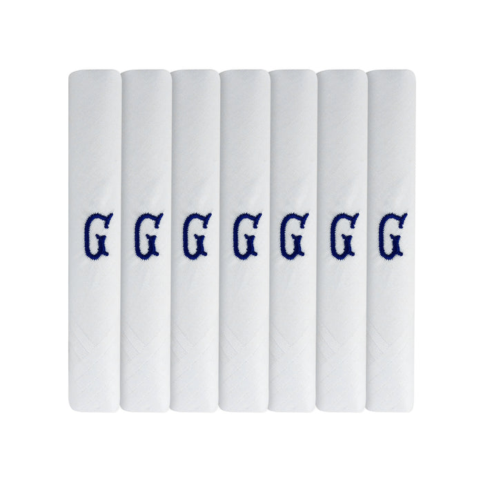 Pack of 7 white handkerchiefs with an embroidered letter G in the colour navy in the centre