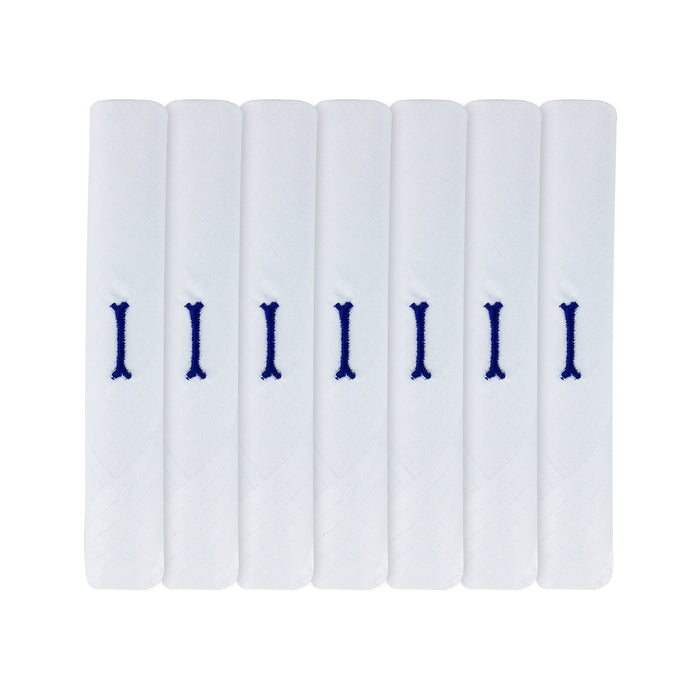 Pack of 7 white handkerchiefs with an embroidered letter I in the colour navy in the centre