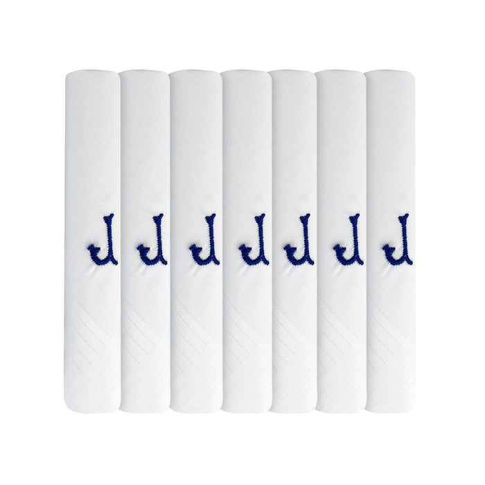 Pack of 7 white handkerchiefs with an embroidered letter J in the colour navy in the centre