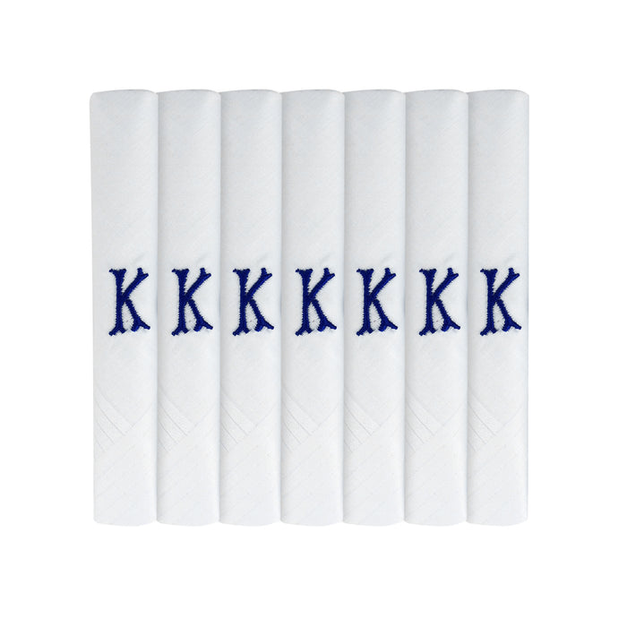 Pack of 7 white handkerchiefs with an embroidered letter K in the colour navy in the centre