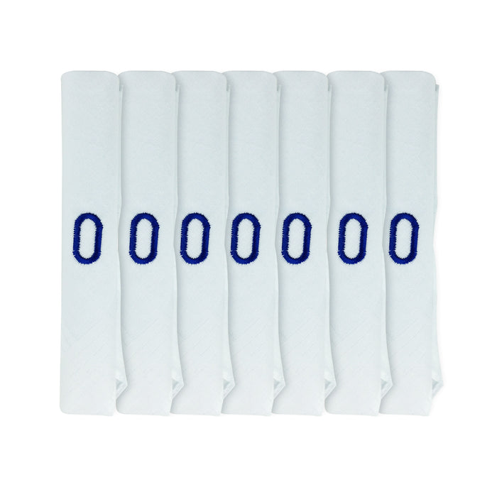 Pack of 7 white handkerchiefs with an embroidered letter O in the colour navy in the centre